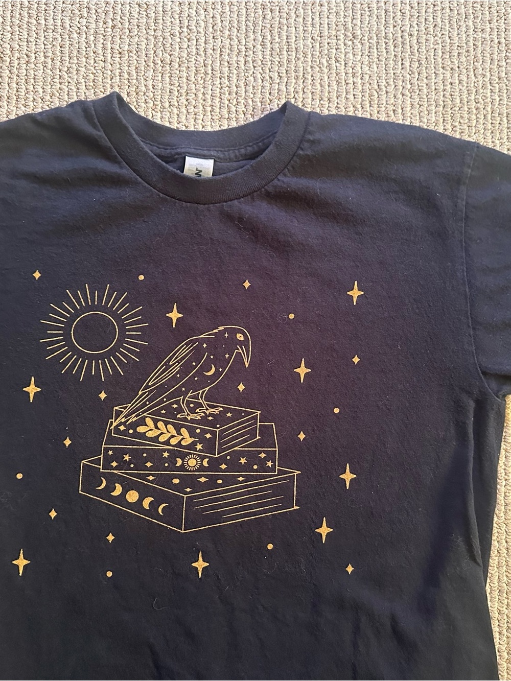 Black Short-Sleeve Tee with Gold Raven & Book Graphic